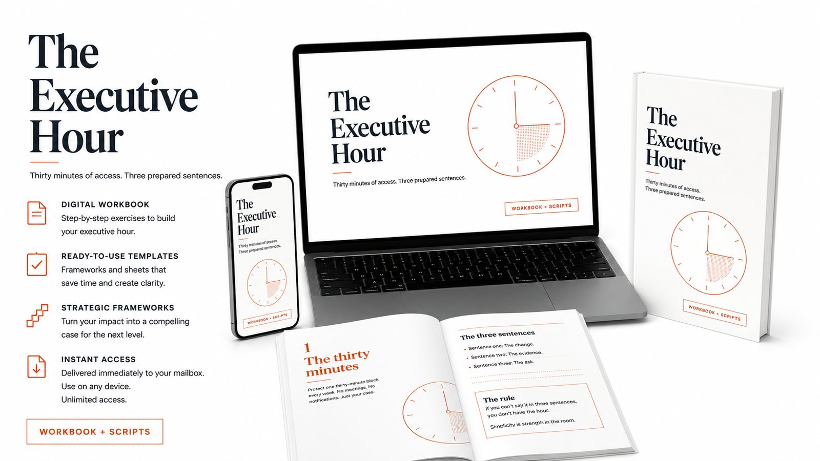 The Executive Hour workbook shown across devices and printed pages