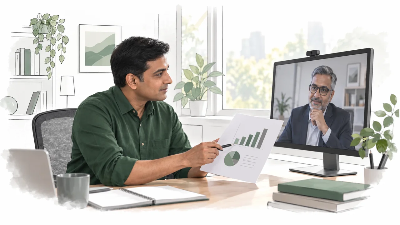 A manager discusses operational results with a finance director on a video call.