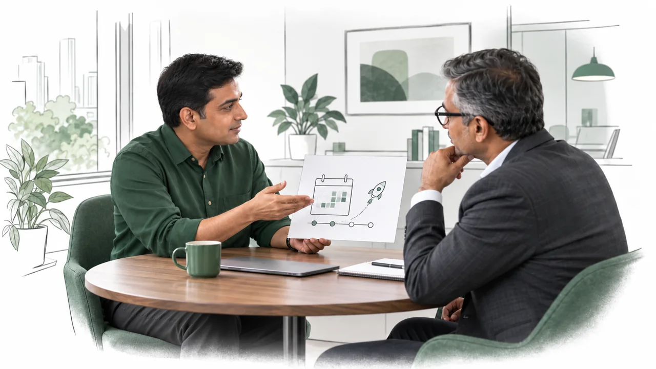 A manager briefs his director using a concise launch update.