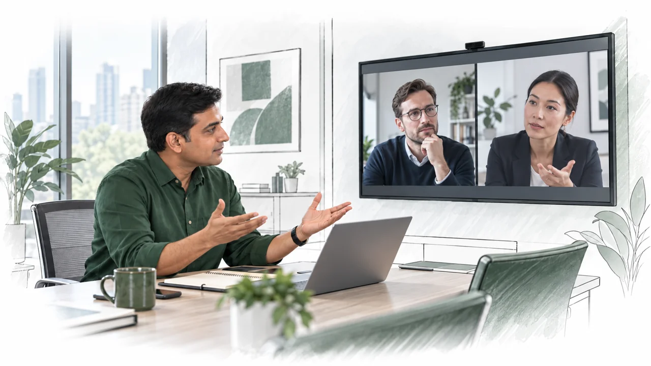 A manager discusses a launch proposal with colleagues in other countries.