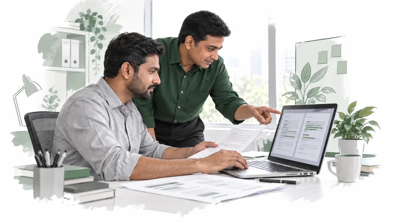 A team lead checks source documents beside an AI-assisted comparison while his manager coaches.