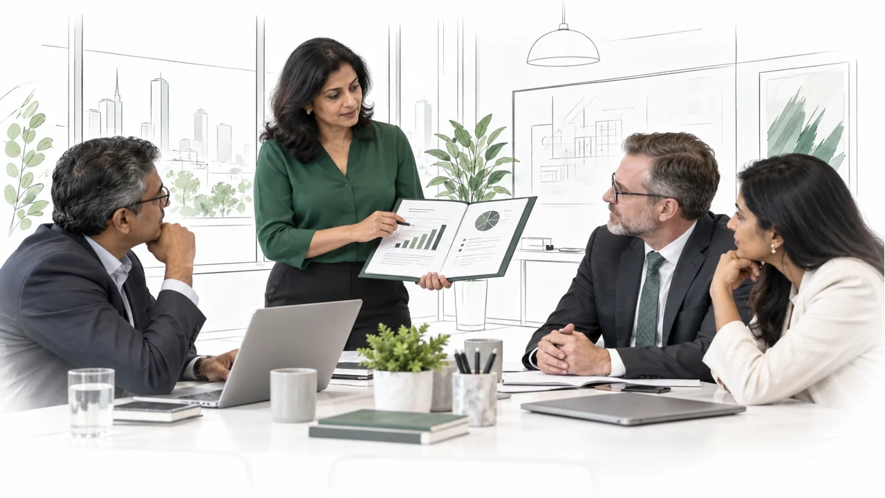 An Indian manager presents evidence of her team’s results to a senior review panel.
