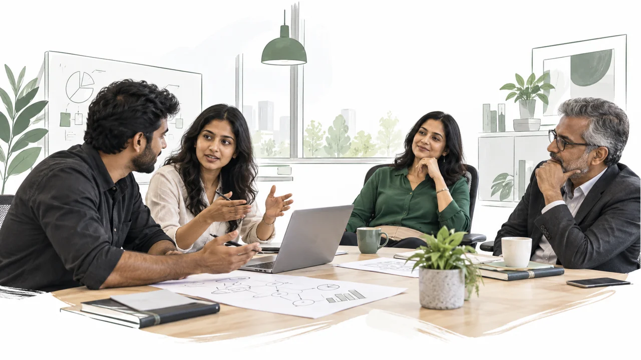 Team leads explain their plan while a senior manager listens.