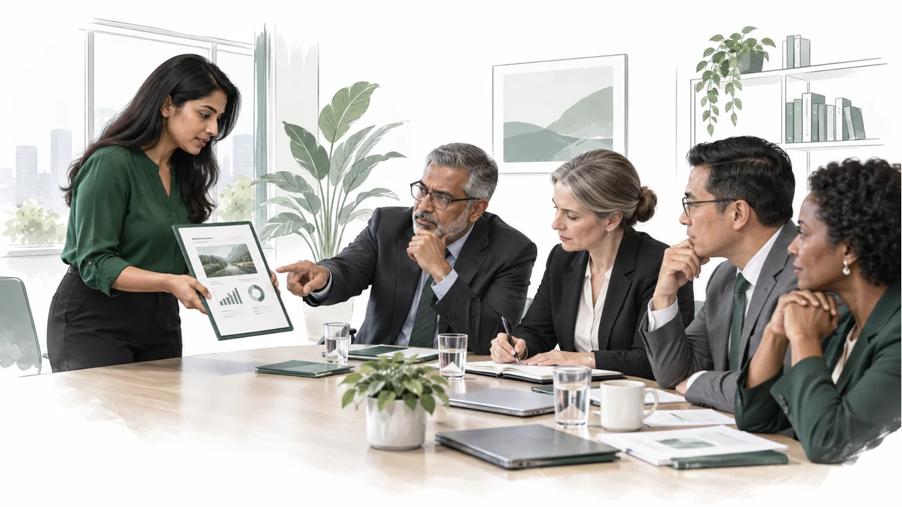 A senior panel studies a manager’s evidence of decisions and results.